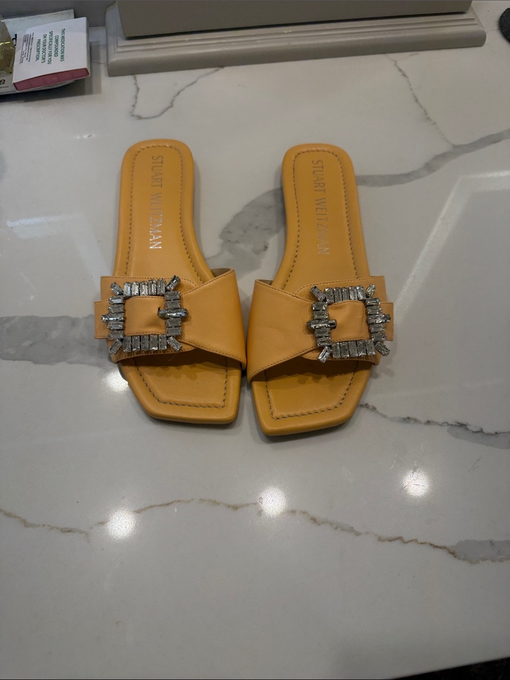 Stuart Weitzman Yellow Crystal-Buckle Slide Mules
